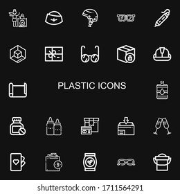 Editable 22 plastic icons for web and mobile. Set of plastic included icons line Kettle, Hat, Helmet, Glasses, d printing pen, d cube, Package, Paper roll on black background