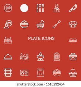 Editable 22 plate icons for web and mobile. Set of plate included icons line Junk food, Knife, Cutlery, Waitress, Room service, Salad, Bowl, Fork, Pie, Picnic on red background