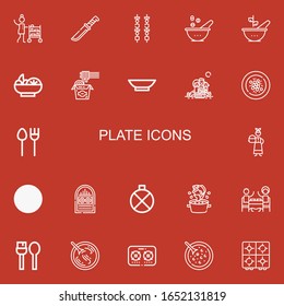 Editable 22 plate icons for web and mobile. Set of plate included icons line Room service, Knife, Brochette, Bowl, Salad, Noodles, Picnic, Oyster omelette, Cutlery on red background