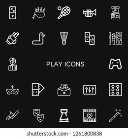 Editable 22 play icons for web and mobile. Set of play included icons line Dominoes, Bagpipes, Tennis, Trumpet, Claw machine, Golf, Duck, Badminton, Domino on black background