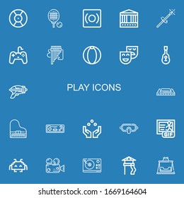 Editable 22 play icons for web and mobile. Set of play included icons line DJ, Tennis, Record, Carousel, Magic wand, Gamepad, Panpipe, Beach ball, Theatre, Guitar on blue background