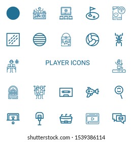 Editable 22 player icons for web and mobile. Set of player included icons line Golf, Paintball, Video, Remote control, Noise, Ball, Vinyl, Cricket, DJ, Golfer on white background