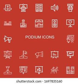 Editable 22 podium icons for web and mobile. Set of podium included icons line Speakers, Conference, Speaker, Presentation, Podium, Pedestal, Race on red background