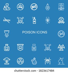 Editable 22 poison icons for web and mobile. Set of poison included icons line Snake, No smoking, Skull, No smoke, Insecticide, Scorpion, Gas mask, Smoking on blue background