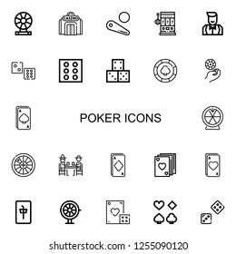 Editable 22 poker icons for web and mobile. Set of poker included icons line Roulette, Casino, Pinball, Slot machine, Croupier, Dice, Casino chip, Ace, Gamblers on white background