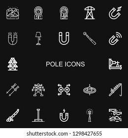 Editable 22 pole icons for web and mobile. Set of pole included icons line Arctic, Eskimo, Electric tower, Magnetism, Magnet, Lamp post, Magnetic, Electric telegraph on black background