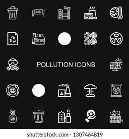 Editable 22 pollution icons for web and mobile. Set of pollution included icons line Trash, Safety mask, Factory, Global warming, Recycle, Recycling, Barrels on black background