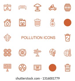 Editable 22 pollution icons for web and mobile. Set of pollution included icons line Recycling bin, Safety mask, Nuclear, Eco car, Barrel, Eco house, Gasoline on white background
