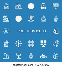 Editable 22 pollution icons for web and mobile. Set of pollution included icons line Factory, Barrel, Recycling, Gas mask, Solar panel, Recycled Plastic Bag on blue background