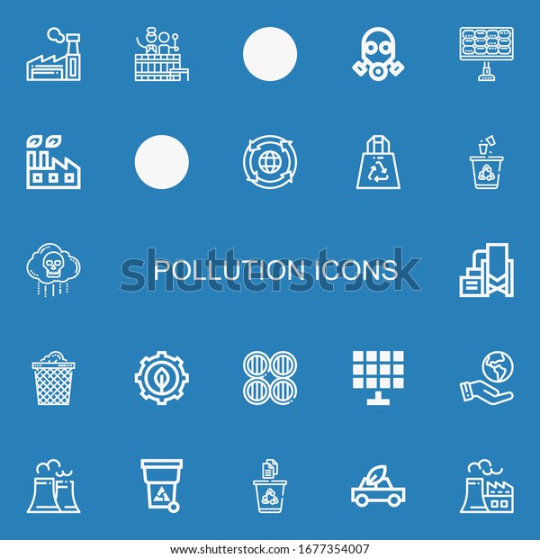 Editable 22\
pollution icons for web and mobile. Set of pollution included icons\
line Factory, Barrel, Recycling, Gas mask, Solar panel, Recycled\
Plastic Bag on blue\
background