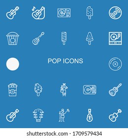 Editable 22 pop icons for web and mobile. Set of pop included icons line Guitar, Turntable, Popsicle, Vinyl, Popcorn, Pop singer on blue background