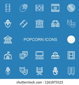 Editable 22 popcorn icons for web and mobile. Set of popcorn included icons line Film, Corn, Movie, Movie film, Museum, d glasses, Theater, Circus, Theatre on blue background