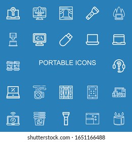 Editable 22 portable icons for web and mobile. Set of portable included icons line Computer, Stage, Flashlight, Laptop, Tablet, Usb, Coffee cup, Headphones on blue background