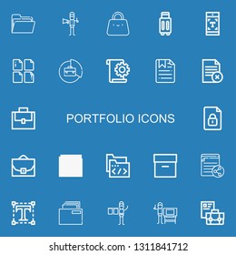 Editable 22 portfolio icons for web and mobile. Set of portfolio included icons line Folder, Graphic designer, Bag, Suitcase, Typography, File, Briefcase, Case on blue background