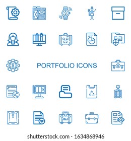 Editable 22 portfolio icons for web and mobile. Set of portfolio included icons line File, Layout, Investment, Graphic designer, Archive, Reception, Graphic design on white background