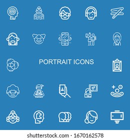 Editable 22 portrait icons for web and mobile. Set of portrait included icons line Head, Grandmother, Avatar, Stick, Clown, Tilt, Selfie, Woman, Ponytail, Portrait on blue background