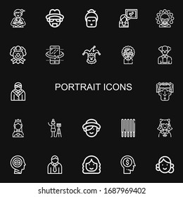 Editable 22 portrait icons for web and mobile. Set of portrait included icons line Woman, Heisenberg, Geisha, Clown, Tilt, Avatar, Miss world, Photographer on black background