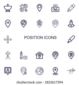 Editable 22 position icons for web and mobile. Set of position included icons line Satellite dish, Contact, Placeholder, Position, Marker, Location, Pins, Location pin on white background