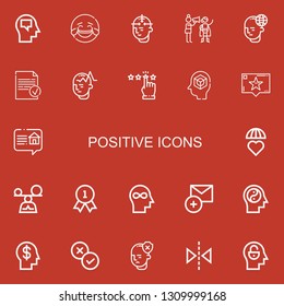 Editable 22 positive icons for web and mobile. Set of positive included icons line Mind, Laughing, Motivation, Done, Rating, Recommendation, Review, Emotions on red background