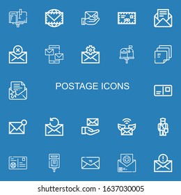 Editable 22 postage icons for web and mobile. Set of postage included icons line Mailbox, Envelope, Mail, Email, Mails, Post it, Postcard, Postman on blue background