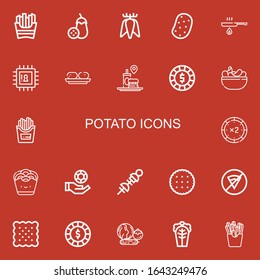 Editable 22 potato icons for web and mobile. Set of potato included icons line French fries, Aubergine, Tuber, Potato, Fried, Chip, Croquette, Fast food, Chips on red background