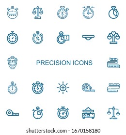 Editable 22 precision icons for web and mobile. Set of precision included icons line Stopwatch, Balance, Stopclock, Chronometer, Measuring tape, Stop watch on white background