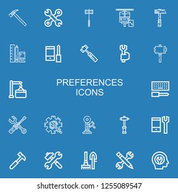 Editable 22 preferences icons for web and mobile. Set of preferences included icons line Hammer, Tools, Maintenance, Configuration, Spanner, Fixed on blue background