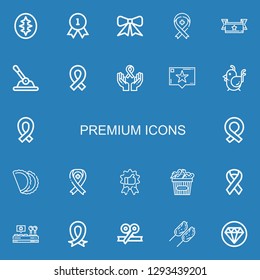 Editable 22 premium icons for web and mobile. Set of premium included icons line Sourdough, Quality, Ribbon, Control, Recommendation, Chicken, Pastry on blue background