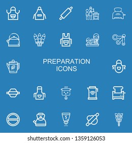 Editable 22 preparation icons for web and mobile. Set of preparation included icons line Apron, Rolling pin, Cooking, Toaster, Kettle, Skewer, Measuring spoons on blue background