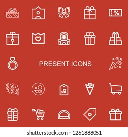 Editable 22 present icons for web and mobile. Set of present included icons line Gifts, Tag, Bow, Gift, Voucher, Merchandise, Mall, Gift box, Ring, Party, Confetti on red background