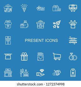 Editable 22 present icons for web and mobile. Set of present included icons line Gift, Confetti, Voucher, Bow, Present, Gifts, Magic hat, Gift box, Jewelry on blue background