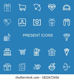 Editable 22 present icons for web and mobile. Set of present included icons line Gift, Shopping cart, Bow, Ring, Gift box, Merchandise, Present, Sash, Collecting on blue background