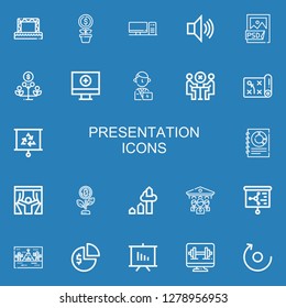 Editable 22 presentation icons for web and mobile. Set of presentation included icons line Stage, Growth, Computer, Speaker, Psd file, Manager, Meeting, Planning on blue background