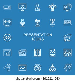 Editable 22 presentation icons for web and mobile. Set of presentation included icons line Computer, Analytics, Employee, Growth, Conference, Profit, Team viewer on blue background