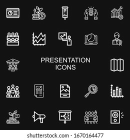 Editable 22 presentation icons for web and mobile. Set of presentation included icons line Graph, Growth, Roll up, Profit, Diagram, Classroom, Line chart, Presentation on black background