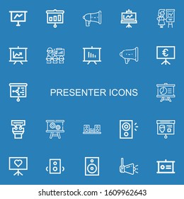 Editable 22 presenter icons for web and mobile. Set of presenter included icons line Presentation, Speaker, Speakers on blue background