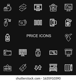 Editable 22 price icons for web and mobile. Set of price included icons line Gifts, Transfer, Online shop, Gift, Online shopping, Tag, Barcode, Discount, Gas on black background