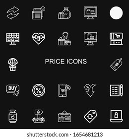 Editable 22 iconos de precio para web y móvil. Conjunto de precios incluye iconos línea Transfer, Coding, Gifts, Online shopping, Scanner, Online shop, Gift, Supermercado sobre fondo negro