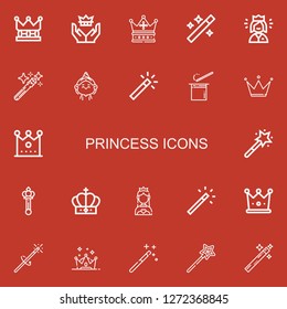 Editable 22 princess icons for web and mobile. Set of princess included icons line Crown, Wand, Queen, Magic wand, Birthday girl, Scepter, Miss world on red background