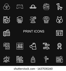 Editable 22 print icons for web and mobile. Set of print included icons line Rgb, Step, Bowler, Dog, Giraffe, Filament, Printer, Indian tent, Fax, Certificate on black background