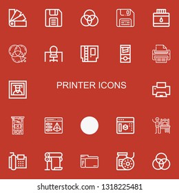 Editable 22 printer icons for web and mobile. Set of printer included icons line Swatches, Diskette, Rgb, Ink, Office, Cartridge, Guillotine, Print, Photography on red background