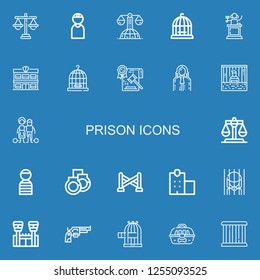 Editable 22 prison icons for web and mobile. Set of prison included icons line Justice, Criminal, Law, Bird cage, Judge, Police station, Cage, Prisoner, Slavery on blue background
