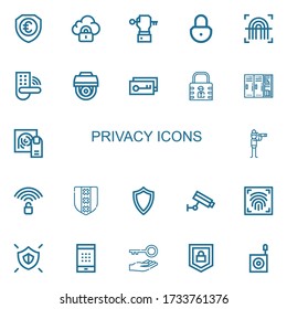 Editable 22 privacy icons for web and mobile. Set of privacy included icons line Shield, Security, Key, Padlock, Fingerprint, Cctv, Lock, Lockers, Vigilance on white background