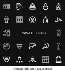 Editable 22 private icons for web and mobile. Set of private included icons line Lockers, Padlock, Lock, Padlocks, Mafia, Locker, Unlock, Cctv, Keyhole, Security camera on black background