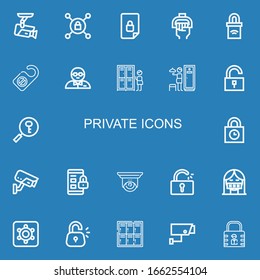 Editable 22 iconos privados para web y móvil. Conjunto de iconos privados incluidos línea Cctv, Vpn, Locked, Handle, Padlock, Percha de puerta, Guardabarros, Bloqueadores, Desbloquear en fondo azul