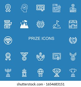Editable 22 prize icons for web and mobile. Set of prize included icons line Ribbon, Success, Diploma, Podium, Slot machine, Laurel, Achievement, Pedestal, Quality on blue background