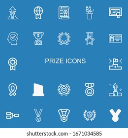 Editable 22 prize icons for web and mobile. Set of prize included icons line Success, Prize, Certificate, Awards, Diploma, Trophy, Laurel, Medal, Podium, Ribbon on blue background