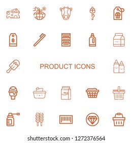 Editable 22 product icons for web and mobile. Set of product included icons line Cheese, Nature, Cow, Asparagus, Tag, Price tag, Toothbrush, Shelves, Detergent on white background