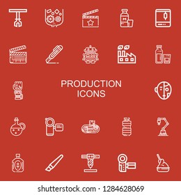 Editable 22 production icons for web and mobile. Set of production included icons line Robotic arm, Crusher, Clapperboard, Milk, d printer, Cutter, Robot, Factory on red background
