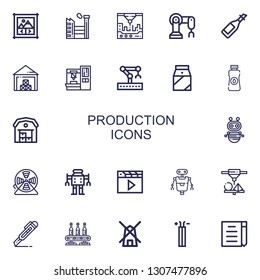 Editable 22 production icons for web and mobile. Set of production included icons line Image gallery, Factory, d printer, Robot arm, Oil, Storehouse, Robotic arm on white background